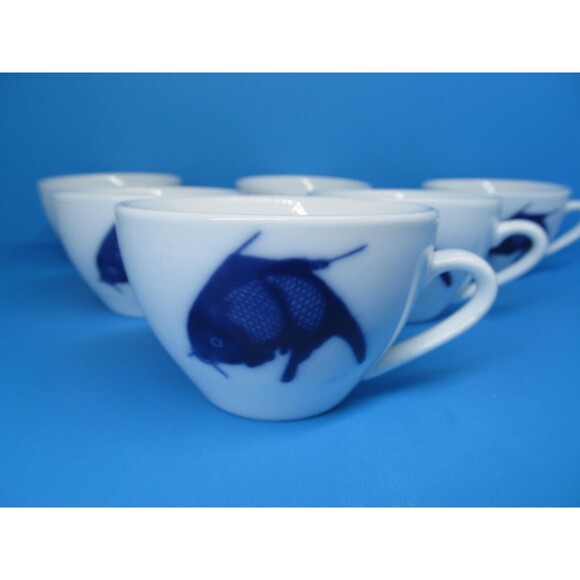 Misty Rose Blue Koi Fish Tea Cups Super White China Bundle of 6 - Picture 1 of 7